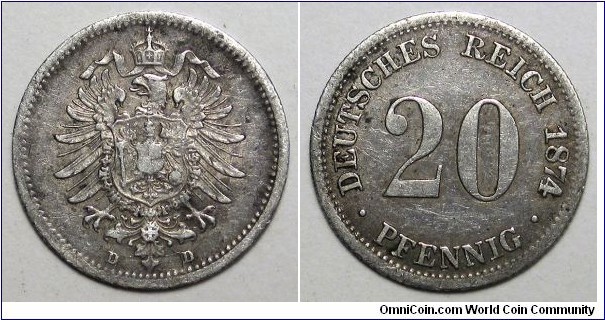 German-Empire, 1874-D 20 Pfennig, .900 Silver, KM#5.