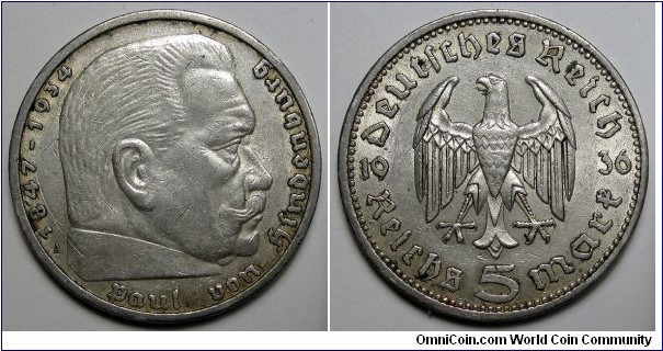 Germany, 1936-A 5 Reichsmark, .900 Silver, KM#86.
