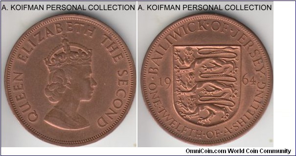 KM-21, 1964 Jersey 1/12'th of a shilling; bronze, plain edge; red brown almost uncirculated.
