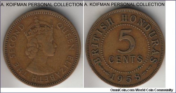 KM-31, 1958 British Honduras 5 cents; nickel-brass, plain edge; about extra fine, dirty as usual, limited mintage of the scarcer year.