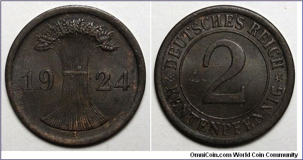 Germany, 1924-A 2 Rentenpfennig, KM#31.