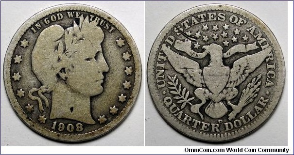 US, 1908-D Barber Quarter, Reverse scratches.