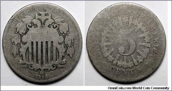 US, 1868 Rays Shield Nickel. Type set piece.