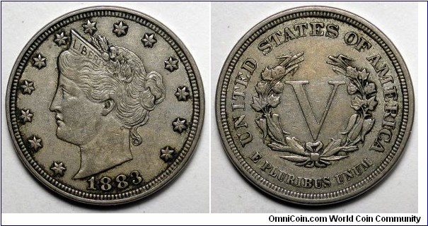 US, 1883 No Cents V-Nickel.