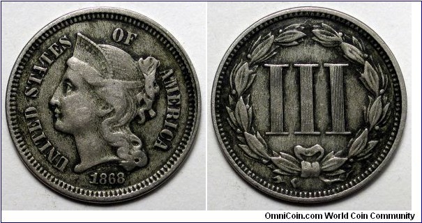 US, 1868 Three Cent Piece Nickel, Type Set piece.