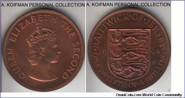 KM-21, 1964 Jersey 1/12'th of a shilling; proof, bronze, plain edge; quite nice, minimal toning, reflective fields.