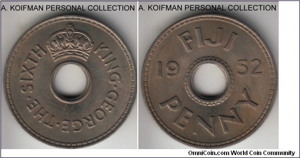 KM-17, 1952 Fiji penny; copper-nickel, plain edge; lightly toned uncirculated.