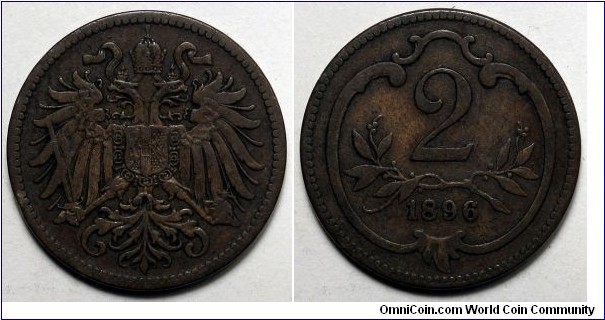 Austria-Habsburg, 1896 2 Heller, KM#2801.