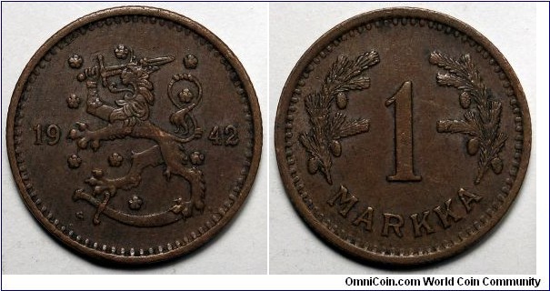 Finland, 1942-S 1 Markka, KM#30a