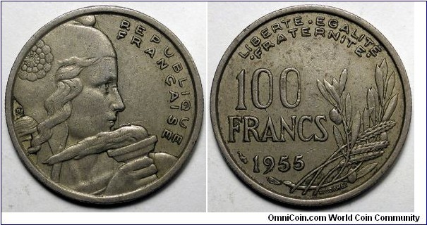 France, 1955 100 Francs, Narrow ribbons, KM#919.1.
