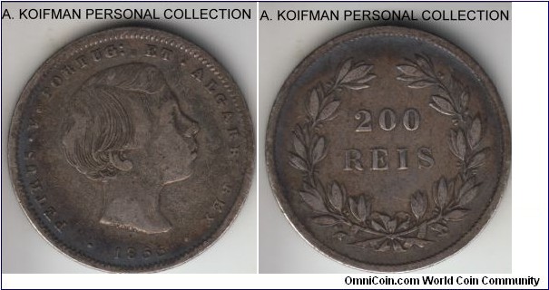 KM-491, 1855 Portugal 200 reis; silver, reeded edge; good fine to very fine, somewhat scarce 2 year type.