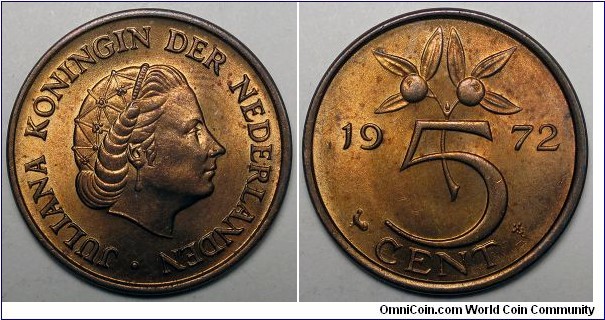 Netherlands, 1972 5 Cents, KM# 181.