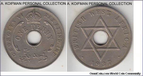 KM-19, 1937 British West Africa penny, King Norton mint (KN mint mark); copper-nickel, plain edge; first year of the type, good extra fine and toned.