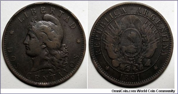 Argentina, 1891 2 Centavos, 91 Level/Little off-set of date, multiple cuds on obverse rim, no damage at all on edges. KM#33.