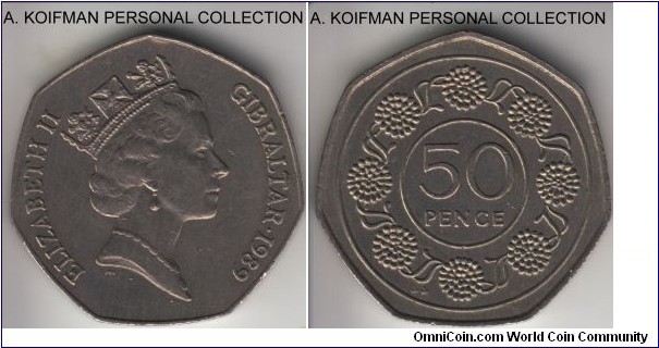 KM-17, 1989 Gibraltar 50 pence; copper-nickel, 6-sided flan, plain edge; circulation coin, extra fine or about, probably low mintage like preceeding year, but exact mintage not indicated by Krause.
