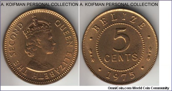 KM-34, 1975 Belize 5 cents; nickel-brass, plain edge; average uncirculated.