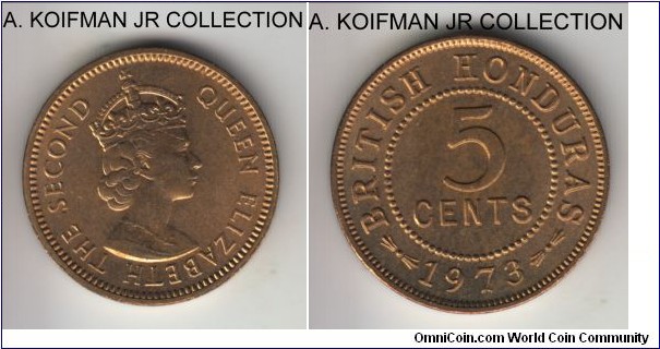 KM-31, 1973 British Honduras 5 cents; nickel-brass, plain edge; Elizabeth II, last year of British Honduras mintage, same year Belize started minting coinage, uncirculated.
