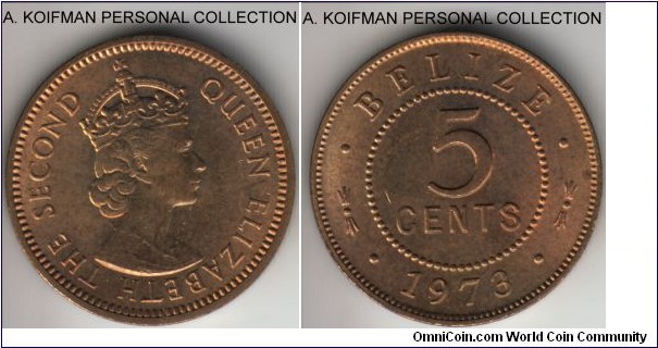 KM-34, 1973 Belize 5 cents; nickel-brass, plain edge; average uncirculated.