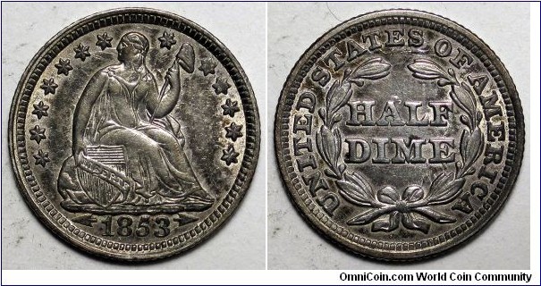 1853 Arrows Seated Liberty Half Dime, gray toning, clashed obverse and reverse, AU-53.