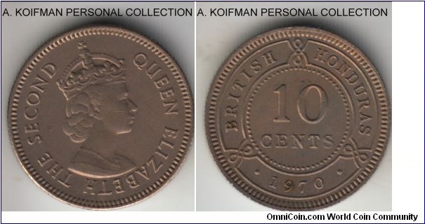 KM-32, 1970 British Honduras 10 centsl opper-nickel, reeded edge; average uncirculated, some toning.