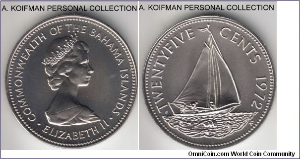 KM-20, 1972 Bahamas 25 cents, Franklin mint (FM mint mark in monogram); matte, copper-nickel, reeded edge; bright matter uncirculated, mintage for both regular and matte strikes is probably included in the total figure of 11,000 pieces for the year.