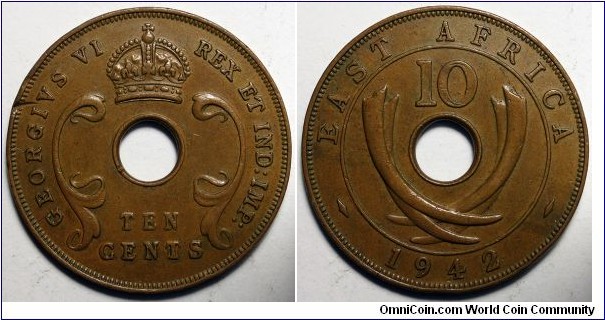East Africa, 10 Cents,  Obverse dent 10:00, KM#26.