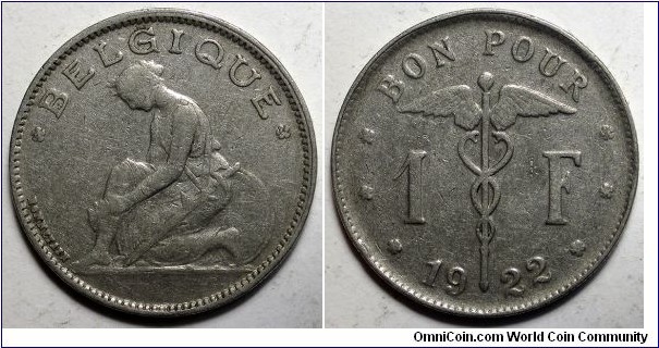 Belgium, 1922 1 Franc, KM#89.