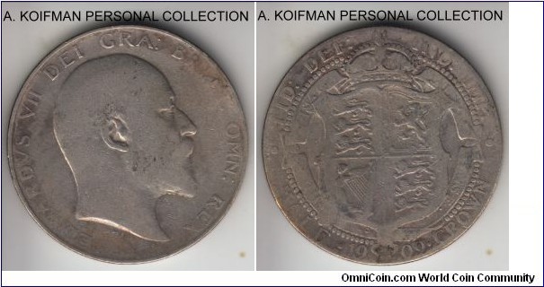 KM-802, 1909 Great Britain half crown; silver, reeded edge; fine or about.