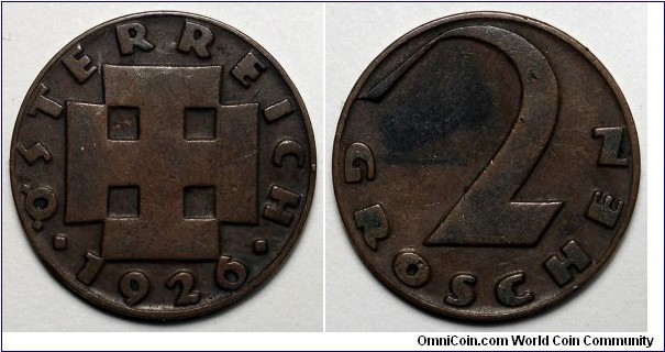 Austria, 1926 2 Groschen, KM#2837.