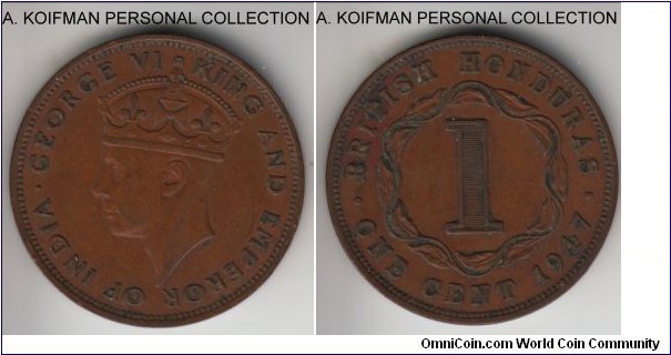 KM-24, 1947 British Honduras cent; bronze, plain edge; brown extra fine or so, as many years, mintage was limited to 100,000, thus scarce.