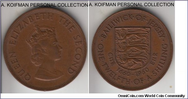 KM-23, 1960 Jersey 1/12'th of a shilling; bronze, plain edge; 300th Anniversary - Accession of King Charles II commemorative, brown about uncirculated, significant dig on Queen's brow.