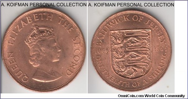 KM-26, ND (1966) Jersey 1/12'th of a shilling; bronze, plain edge; bright red uncirculated. 900 years since the Norman Conquest.