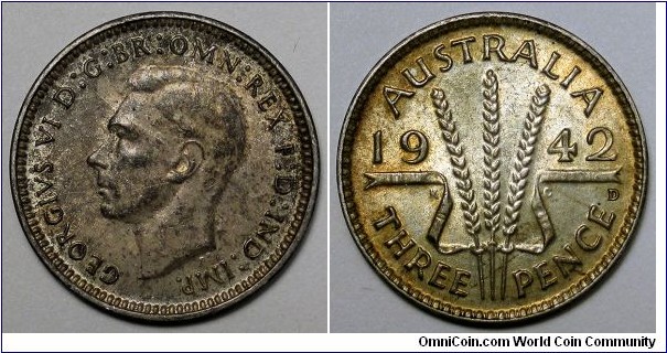 Australia, 1942-D 3 Pence, dark obverse toning, golden reverse toning, KM#37.