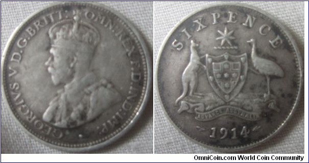 Australia 1914 sixpence in fine.