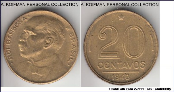 KM-562, 1948 Brzil 10 centavos; aluminum-bronze, plain edge; first year of the new obverse design with Ruy Barbosa, about uncirculated, weakly struck.