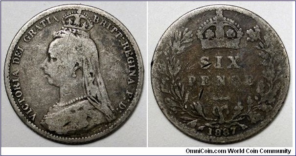 United Kingdom, 1887 6 Pence, Few deep hits on reverse, KM#760.