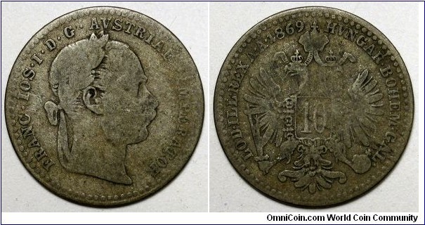 Austria, 1869 10 Kreuzer, KM# 2206.