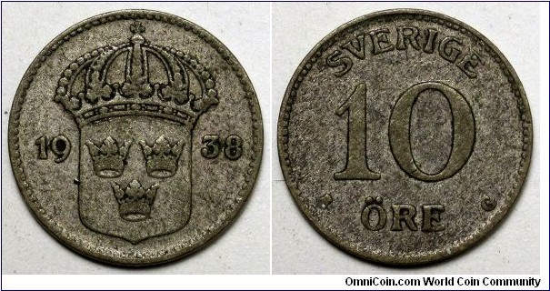 Sweden, 1938 10 Ore, KM#780.