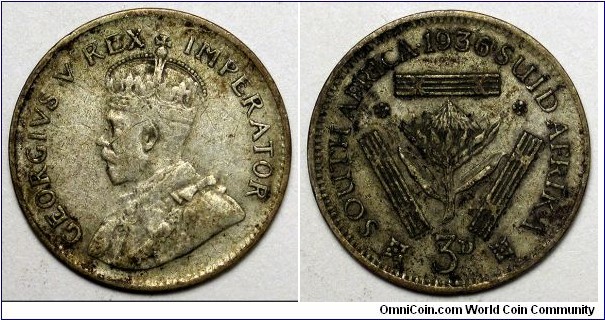 South Africa, 1936 3 Pence, KM#15.2.