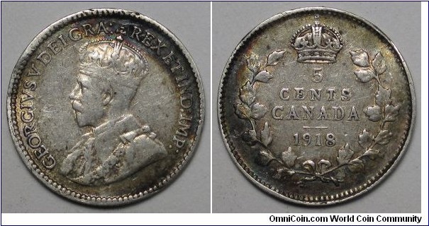 Canada, 1918 5 Cents, few rim dents, KM#22.