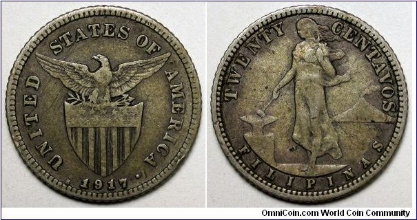 Philippines, 1917-S 20 Centavos, couple of small scratches on obverse and reverse, KM#170.