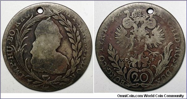 Austria, 1779 VC-S 20 Kreuzer, KM#1856.