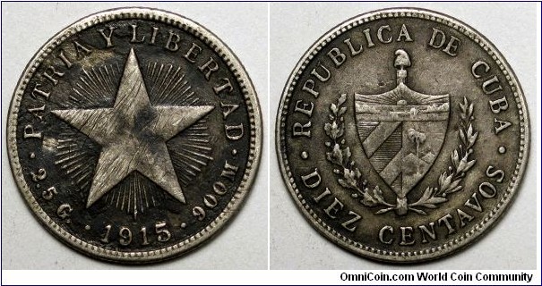 Cuba, 1915 10 Centavos, Black crud on obverse, KM# A12.