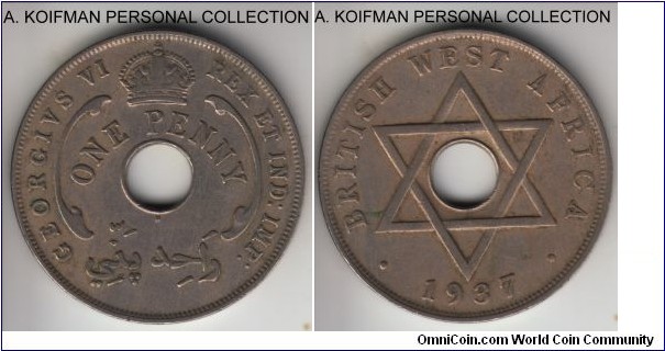 KM-19, 1937 British West Africa penny, Heaton mint (H mint mark); copper-nickel, plain edge; first year of the type, quite common, good very fine to about extra fine.