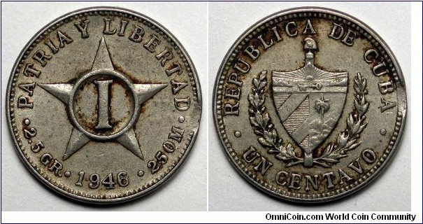 Cuba, 1946 1 Centavo, Clipped Planchet at 3:00, KM#9.