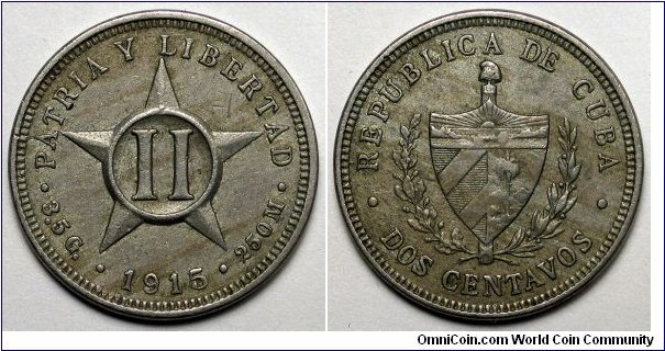 Cuba, 1915 2 Centavos, slight alloy impurities, KM#A10.