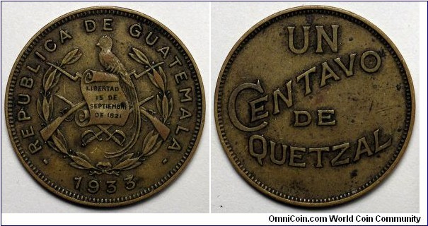 Guatemala, 1933 1 Centavo, KM#249.