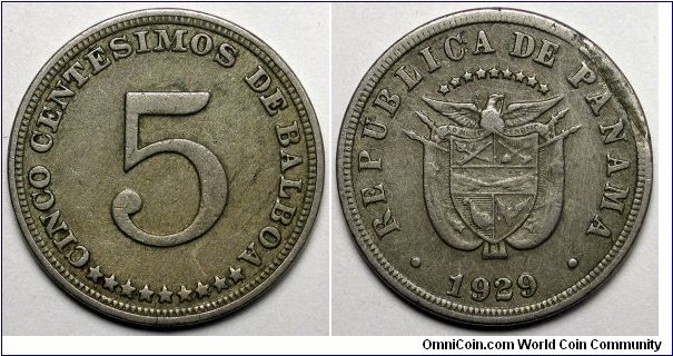 Panama, 1929 5 Centesimos, Reverse planchet defect/lamination, KM#9.