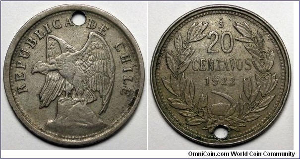 Chile, 1922 20 Centavos, Holed, KM#167.
