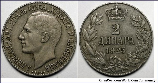 Yugoslavia, 1925 2 Dinara, KM#6.